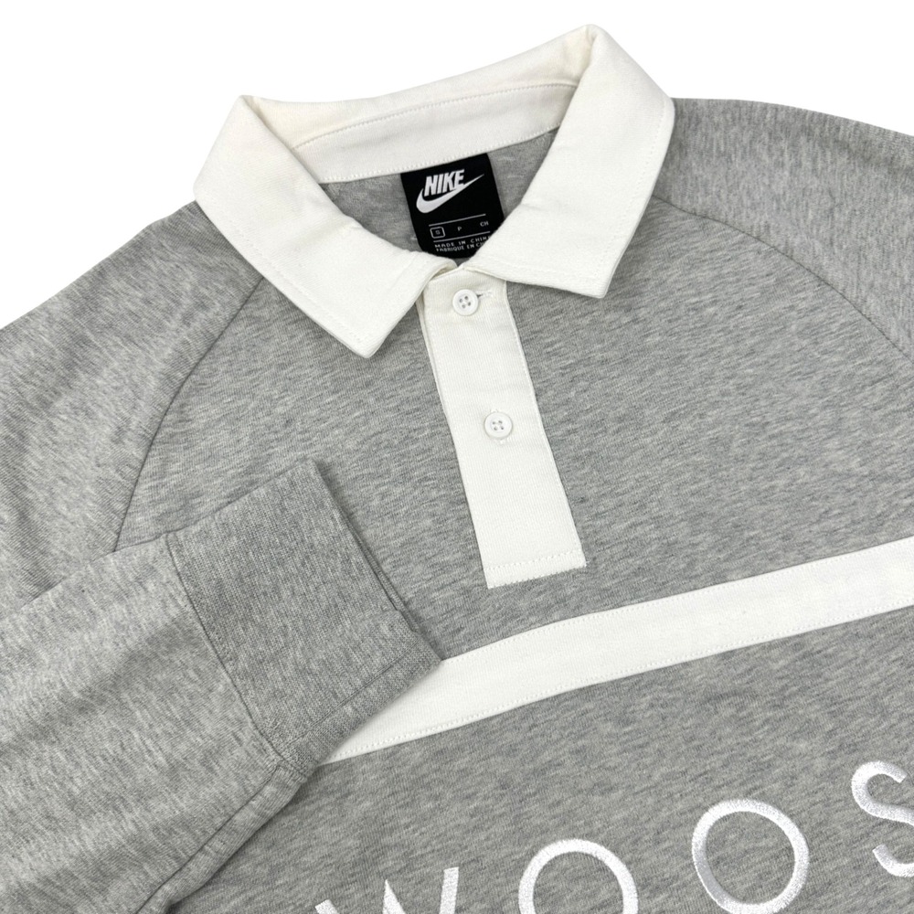 NIKE Embroidered Swoosh Long Sleeve Collared Rugby Shirt Gray/White Small EUC
